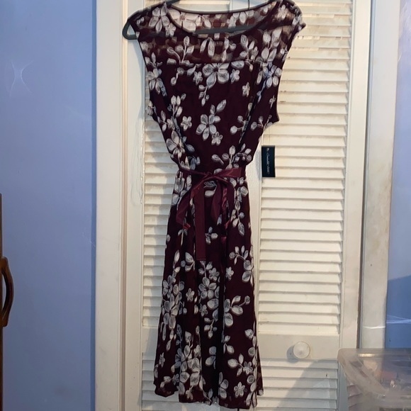 Candalite Petite Dresses & Skirts - Candalite Floral Dress with Sheer Overlay and Sash Belt